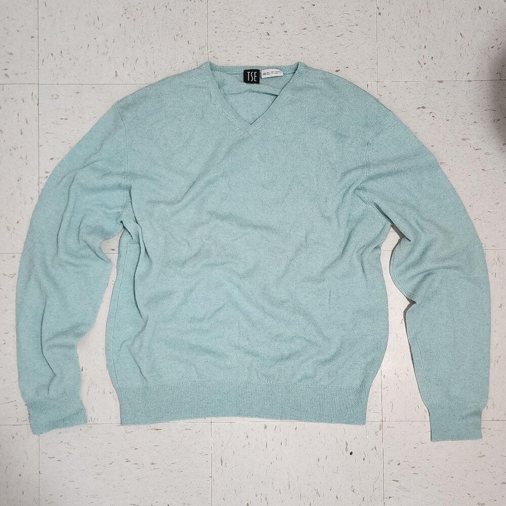 100% CASHMERE V-Neck Sweater XL Soft Mint Blue Luxury Knit Like New